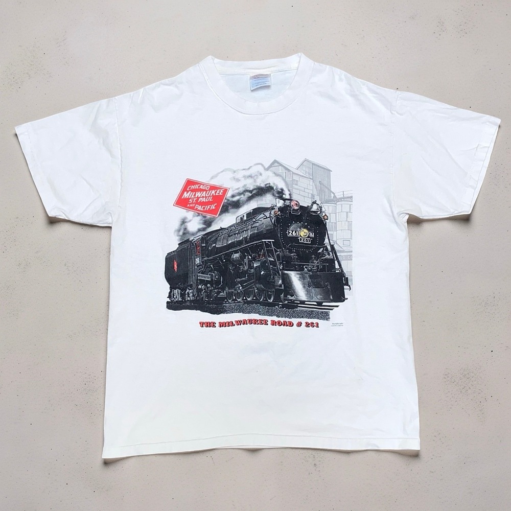 Hanes Milwaukee Road 261 Mens L White Train Railroad Graphic T Shirt
